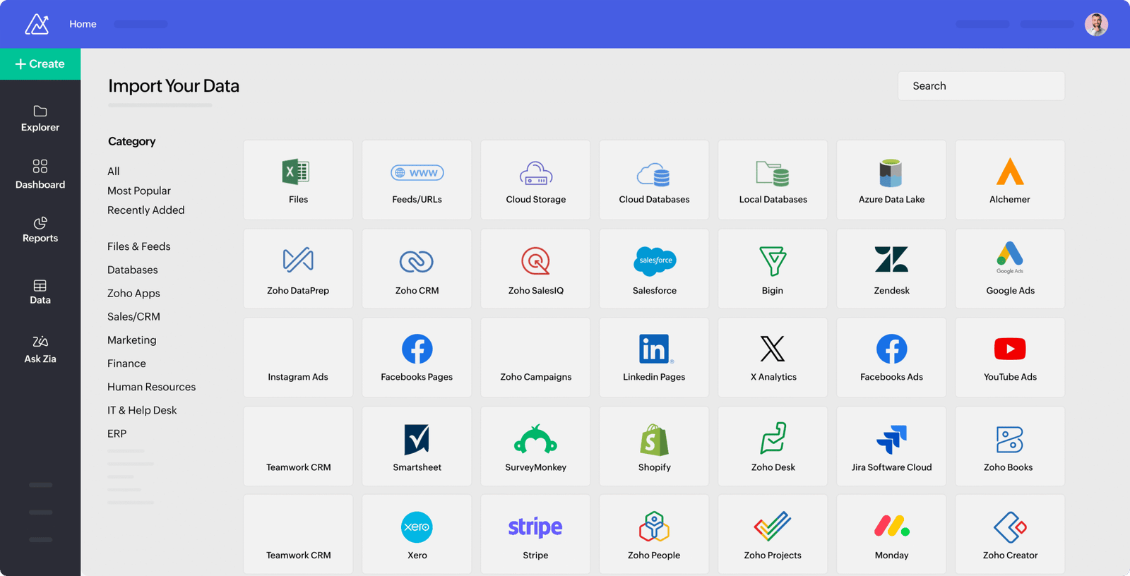 Zoho Analytics building a marketing dashboard from connected data sources