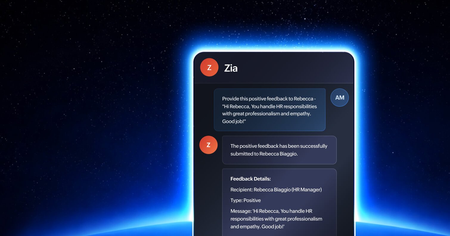 Zoho People HR dashboard with the Zia assistant answering an employee question about leave and policies