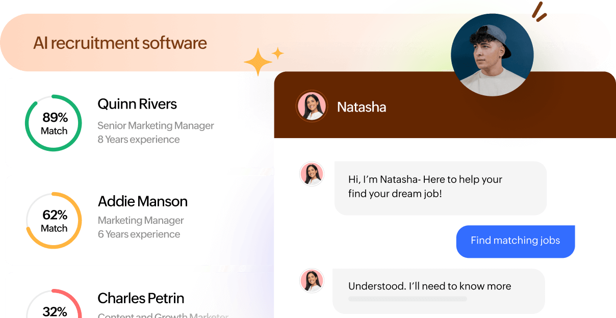 Zoho Recruit Zia AI assistance panel scoring candidates against a job requisition