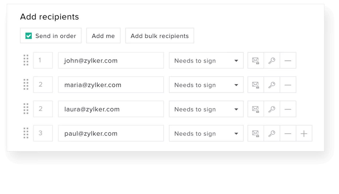 Zoho Sign screen adding recipients and signature fields to an onboarding document