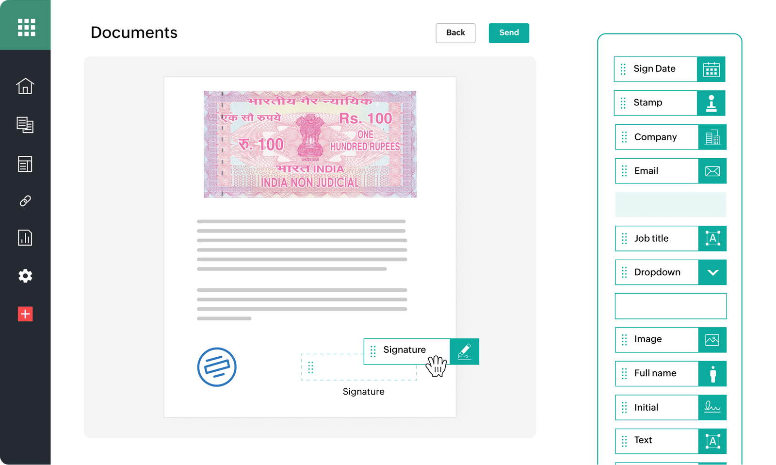 Zoho Sign screen with signature and date fields placed on an onboarding document