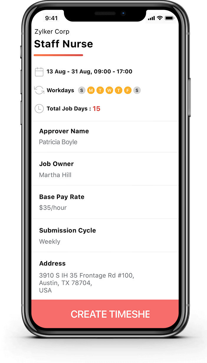 Zoho Workerly mobile app where temps log hours and clients approve timesheets from the field